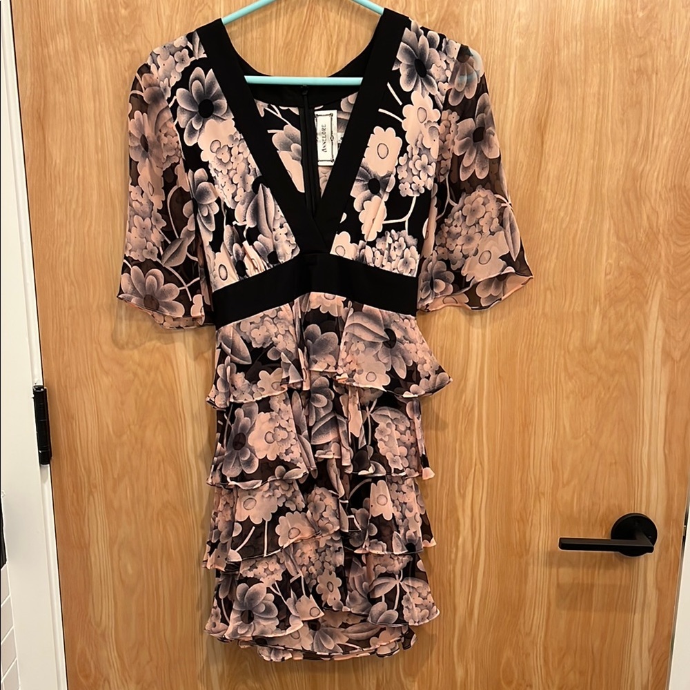 Floral V-Neck Ruffle Dress - Black and Pink